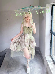 Summer Fairycore Handkerchief Hem Dress Green Butterfly Design Bodice