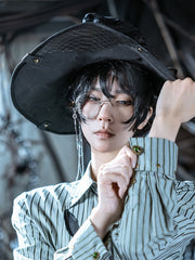 Steampunk Black PU Witch Hat With Bronze Stud And Black Feather