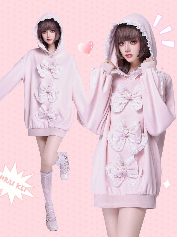 Sakura Pink Jirai Kei Sweet Lace Trim Bows Decorated Hoodie