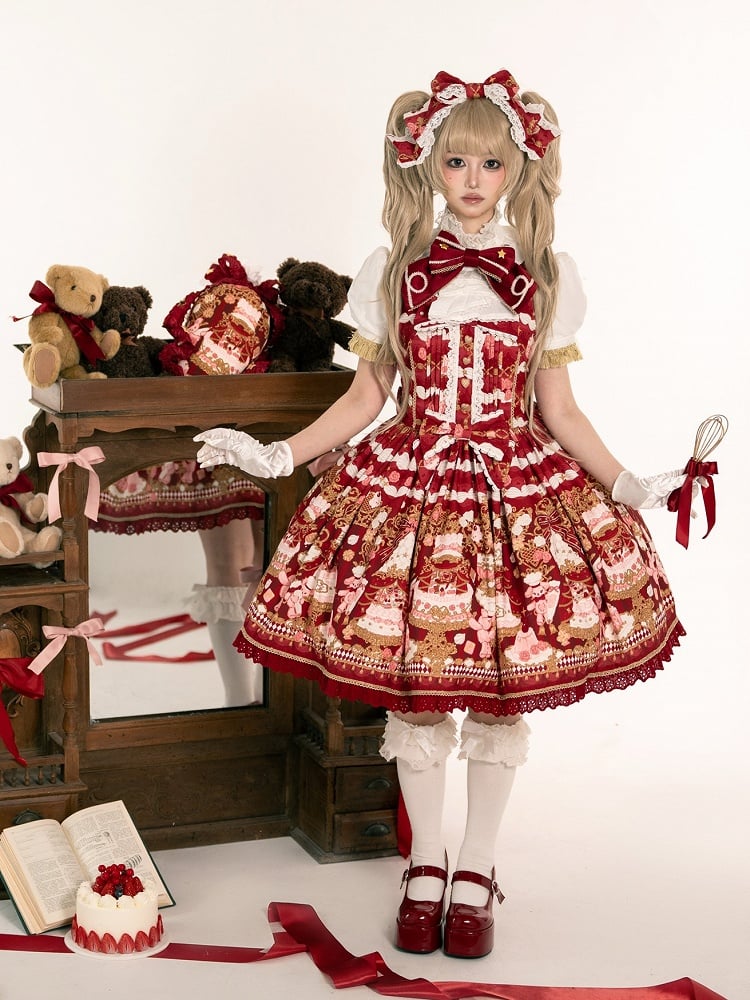 Red Cake and Bear Print Sweet Lolita JSK Dress with Lace Trim and Bow Details