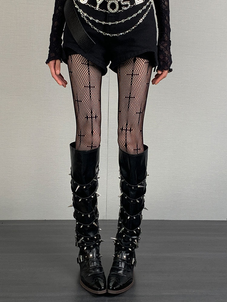 Y2K Black Cross Pattern Punk Fishnet Tights
