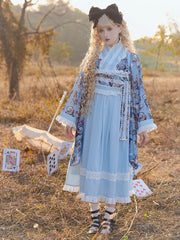 Alice in Wonderland Vibes Blue Bunny and Poker Print Top + Lace Trim JSK Dress Wa Lolita Set
