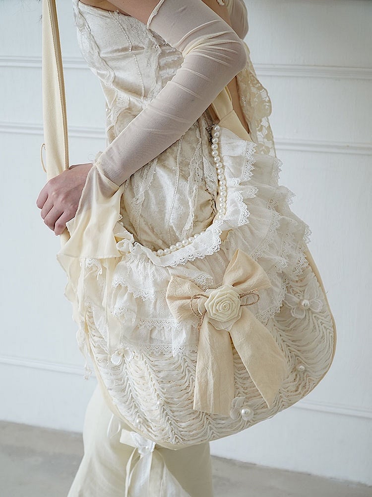 Bead and Butterfly Details Beige Bowknot Canvas Crossbody with Ruffle Trim
