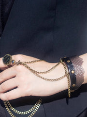 Strampunk Snake Scale Design PU Bracelet With Rose Ring And Bronze Chains