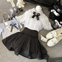 Jirai Kei Black/Pink/Blue Bowknot Details Tiered Striped Skirt