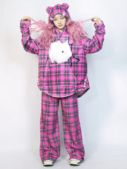 Rose Red Gyaru Fashion Oversized Bunny Print Plaid Pattern Hoodie