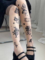 Nude Alice In Wonderland Vibes Tights With Clock And Bunny Print