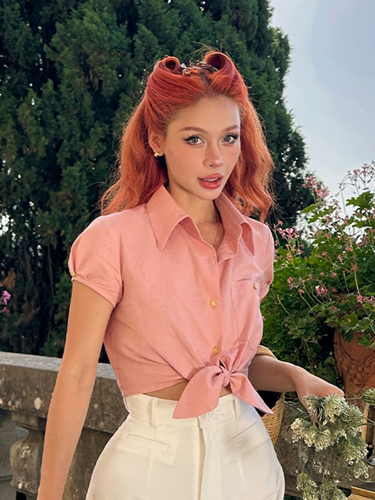 Vintage Pink Self-tie Straps  Cropped Top