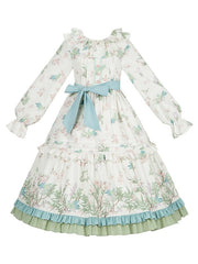 Natural Kei Floral and Bird Print Lolita Long Sleeves Dress with Waist Belt
