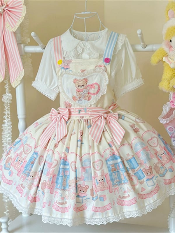 Teddy and Bunny Plush Toy Print Creamy White Sweet Lolita Overall Dress