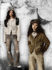 Green / Light Gray Hooded Jacket with Two-way Zip Placket and Drawstring Hood