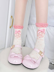 Pink/Brown Cute Girl & Polka Dot Pattern Bubble Ruffle Cotton Socks with Bow Decorations