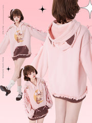 Cute Sleeping Kitty Print Pink Bows Adorned Cutout Sleeves Hoodie with Plush Paw Drawstring Hood