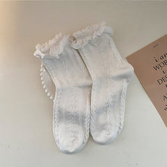White/Beige/Black Cute Ruffled Cotton Socks
