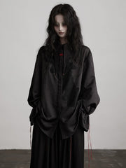 Urban Goth Black Subtle Pattern Drawstring Shirt with Red Button Brooch Decoration