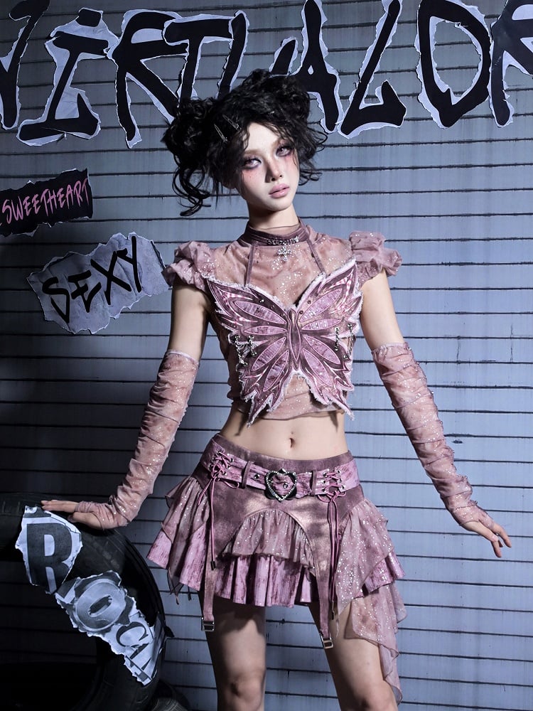 Y2K Pink Punk Distressed Tulle Top with Silver Graphics & Puff Sleeves