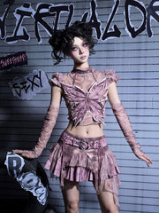 Y2K Pink Punk Distressed Tulle Top with Silver Graphics & Puff Sleeves