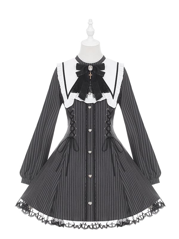 Vintage Black Striped Jirai Kei Dress with Pointed Flat Collar and Cross-Stitch Lace Trim