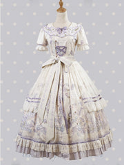 Plus Sizes Available Purple Floral Print and Embroidery Classic Lolita Short Sleeves Dress
