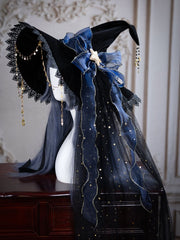 Gorgeous Halloween Fancy Witch Hat with Shiny Veil and Stars Chain - 6 Color Options