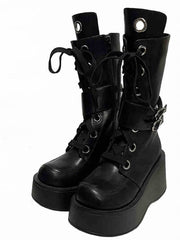 Y2K Black Buckle Strap Gothic Platform Knee-high Boots