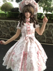 Pink Floral Print Lace Trimmed Elegant Classic Lolita Dress with Bow and Bead Details