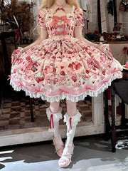 Pink Strawberry Cake Print Sweet Lolita Dress with Scalloped Edge Trim and Bow Accents