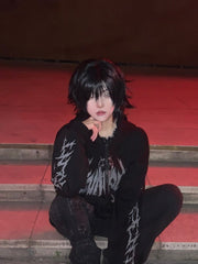 Gothic Regular/Thicken Black Zip-Up Hoodie with Skeletal Wing Print