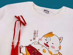 White Round Neck Kitty Print Thick Sweatshirt