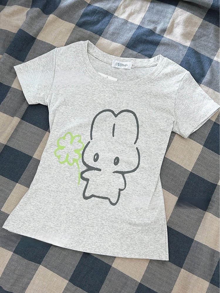 Gray Jirai Kei Puppy Print Round Neck T-shirt