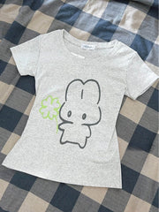Gray Jirai Kei Puppy Print Round Neck T-shirt