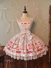 Strawberry and Cake Print Blue Cute Dress Sweet Lolita Jumper Skirt
