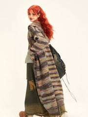 Colorful Striped Long Hooded Cardigan