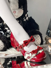 Wine Red Sweet Lolita Mary Jane Shoes - Bead Embellishments with Heart and Bow Accents