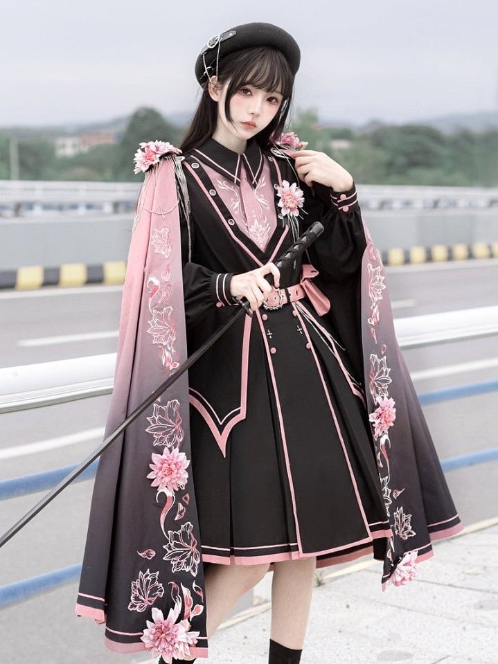 Pink to Black Gradient Flower Print Cape with 3D Flower Accents