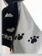 Reversible Black and Gray Scarf with Cat and Heart Patterns
