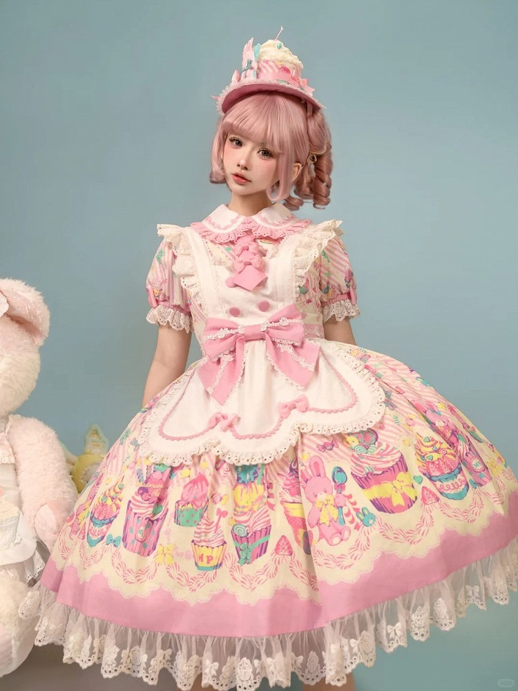 Pink & White Bunny and Cupcake Print Peter Pan Collar Maid Lolita Dress
