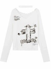 White Punk Cross V-neck Sweater with Choker