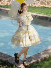 Yellow Peter Pan Collar Lemon Print Plaid Tiered Skirt Lolita One Piece