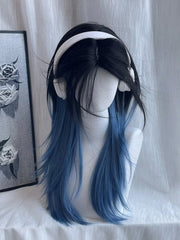 Ouji Style Blue & Black Ombre 65CM Straight Wig with Curtain Bangs