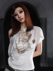 White Semi-Sheer Off-Shoulder Top with Punk Prints