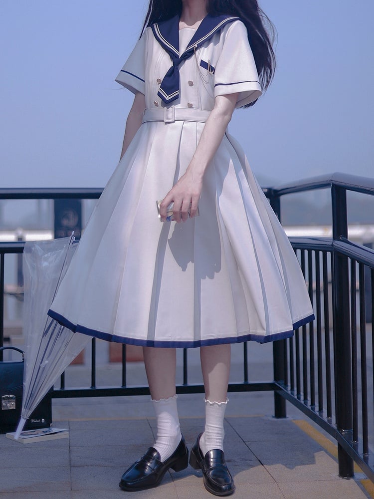 Navycore Light Gray Sailor Collar Dress with Short Sleeves & Box Pleat