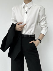Clearance - Size M for Bust 100cm Ouji Lolita White Unisex Long-Sleeve Pointed Flat Collar Shirt with Button Front & Cuffs