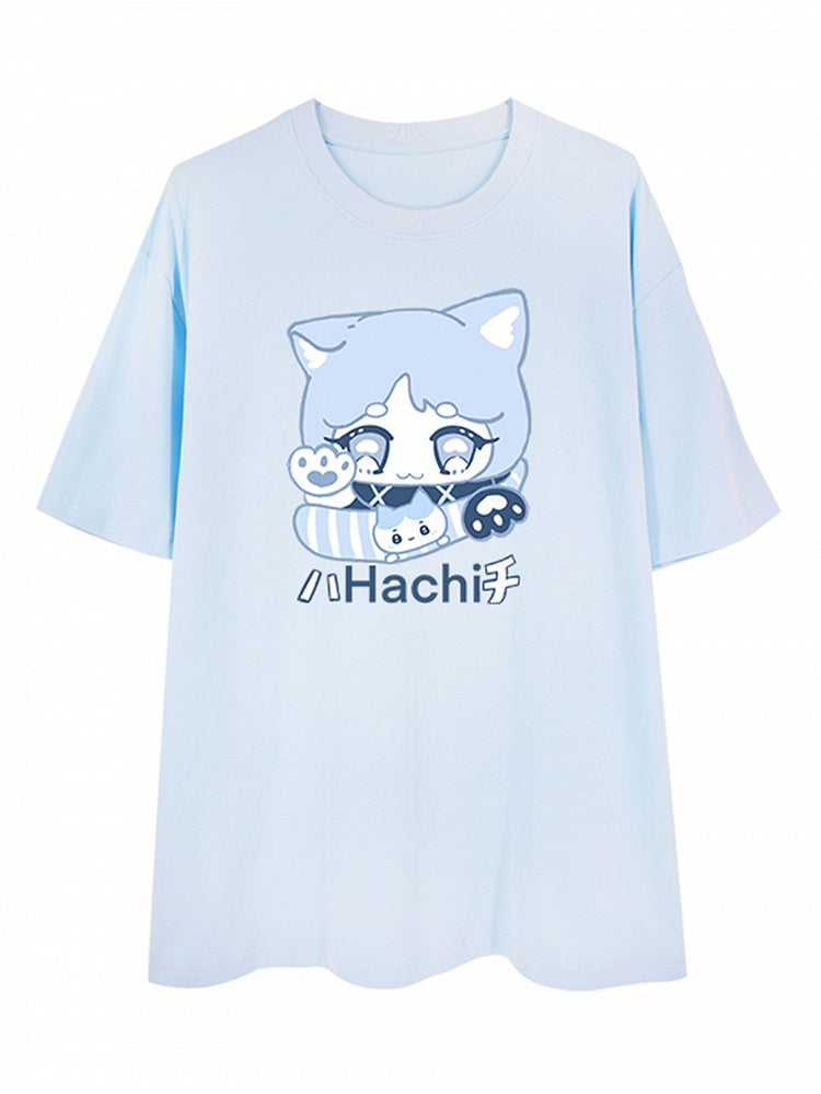 Chiikawa Hachiware Inspired Light Blue Cute Kitty Print T-shirt