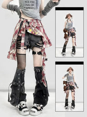 Y2K Bittersweet Black Distressed Holes Design Shorts +  Leg Warmers + Red Plaid Accessory