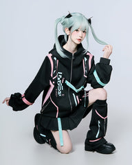 Gamer Girl Cyberpunk Coord Set | Pink & Green Gradient Hooded Jacket, Skort & Leg Warmers