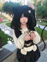 Soft Kawaii Black Plush Bloomer Overall Shorts with Cat & Paw Embroidery & Detachable Cat-Ear Hood