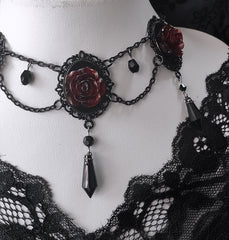 Vintage Black and Red Gothic Rosette Necklace