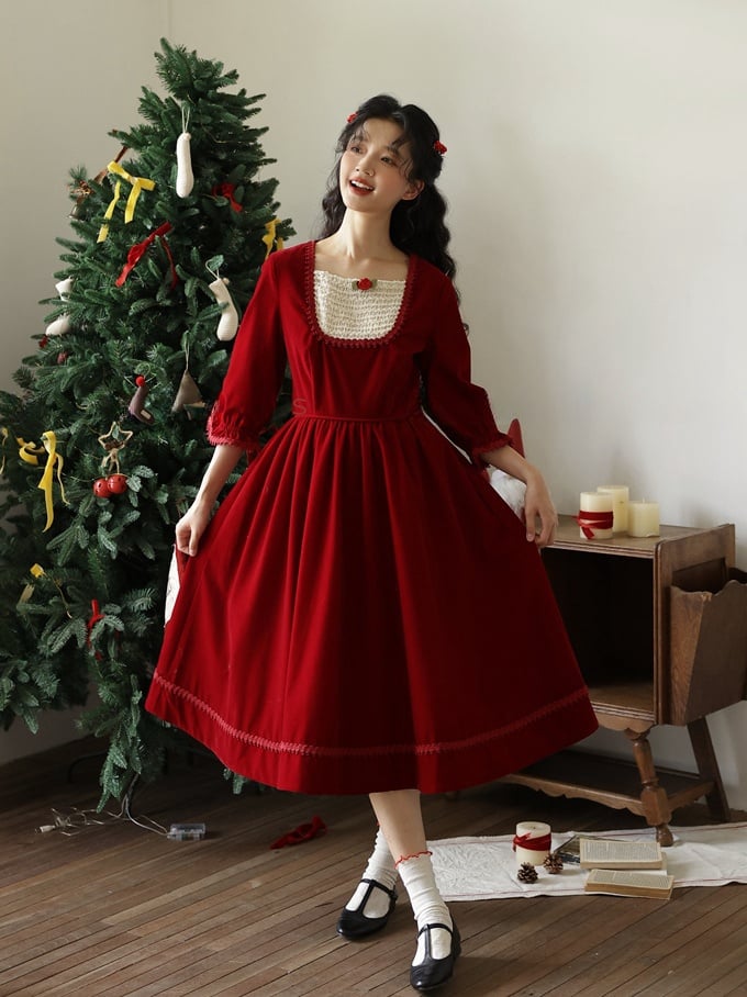 Wine Red Vintage Rose Square Neckline  Dress