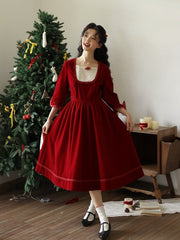 Wine Red Vintage Rose Square Neckline  Dress